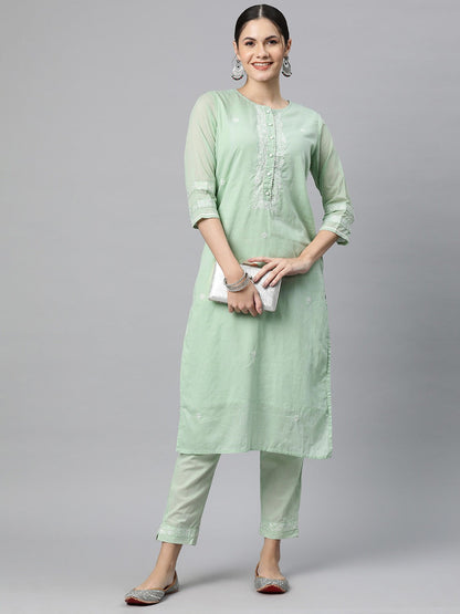 Straight Style Cotton Fabric Green Color Kurti Bottom