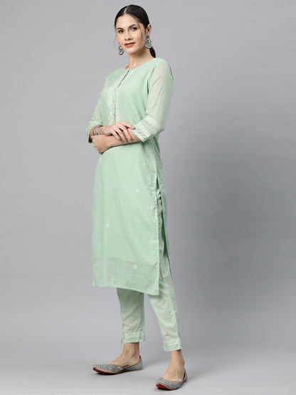 Straight Style Cotton Fabric Green Color Kurti Bottom