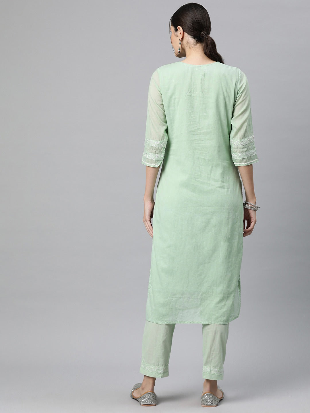 Straight Style Cotton Fabric Green Color Kurti Bottom