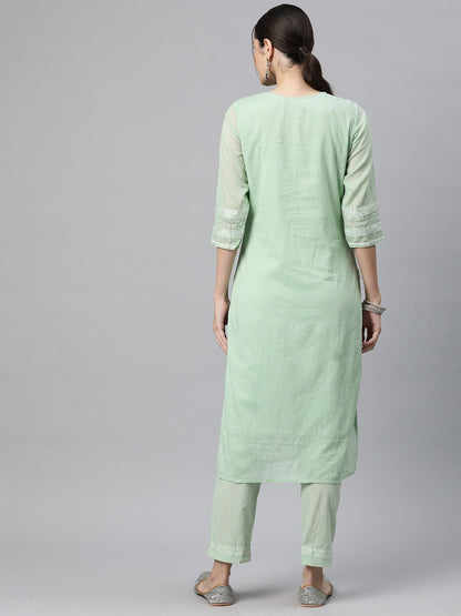Straight Style Cotton Fabric Green Color Kurti Bottom