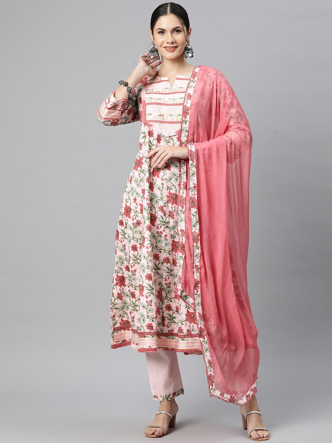 Anarkali Style Cotton Fabric Pink Colour Kurti With Bottom & Dupatta