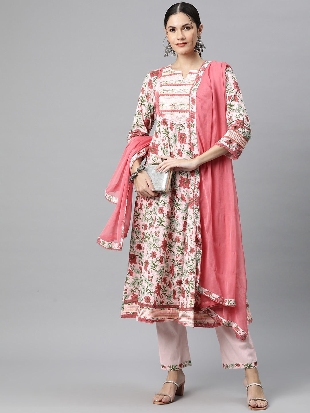 Anarkali Style Cotton Fabric Pink Colour Kurti With Bottom & Dupatta