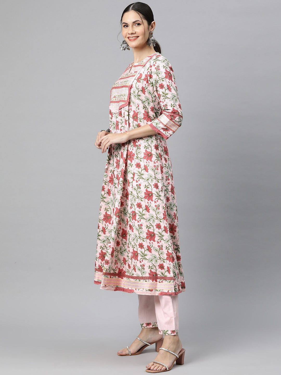 Anarkali Style Cotton Fabric Pink Colour Kurti With Bottom & Dupatta