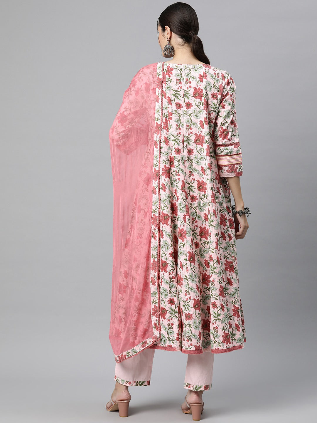 Anarkali Style Cotton Fabric Pink Colour Kurti With Bottom & Dupatta