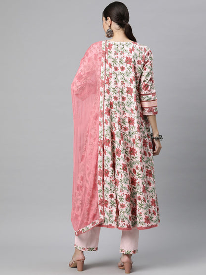 Anarkali Style Cotton Fabric Pink Colour Kurti With Bottom & Dupatta