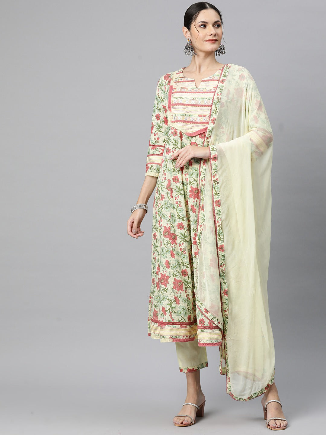 Anarkali Style Cotton Fabric Yellow Colour Kurti With Bottom & Dupatta