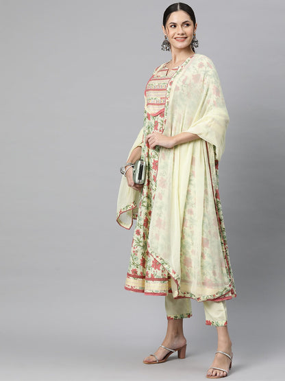 Anarkali Style Cotton Fabric Yellow Colour Kurti With Bottom & Dupatta