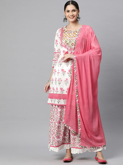 Straight Style Cotton Fabric Pink Colour Kurti With Bottom & Dupatta