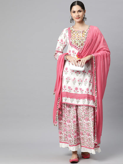 Straight Style Cotton Fabric Pink Colour Kurti With Bottom & Dupatta