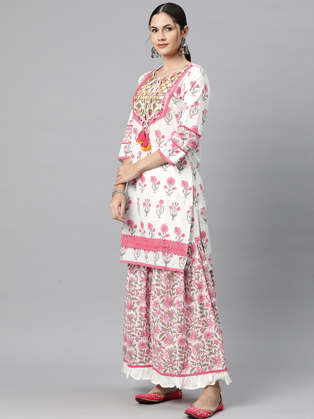 Straight Style Cotton Fabric Pink Colour Kurti With Bottom & Dupatta