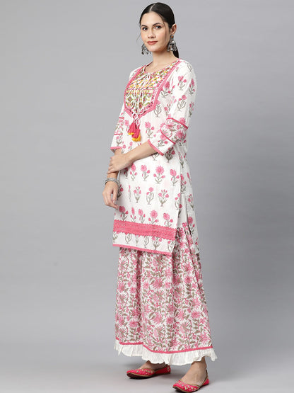 Straight Style Cotton Fabric Pink Colour Kurti With Bottom & Dupatta