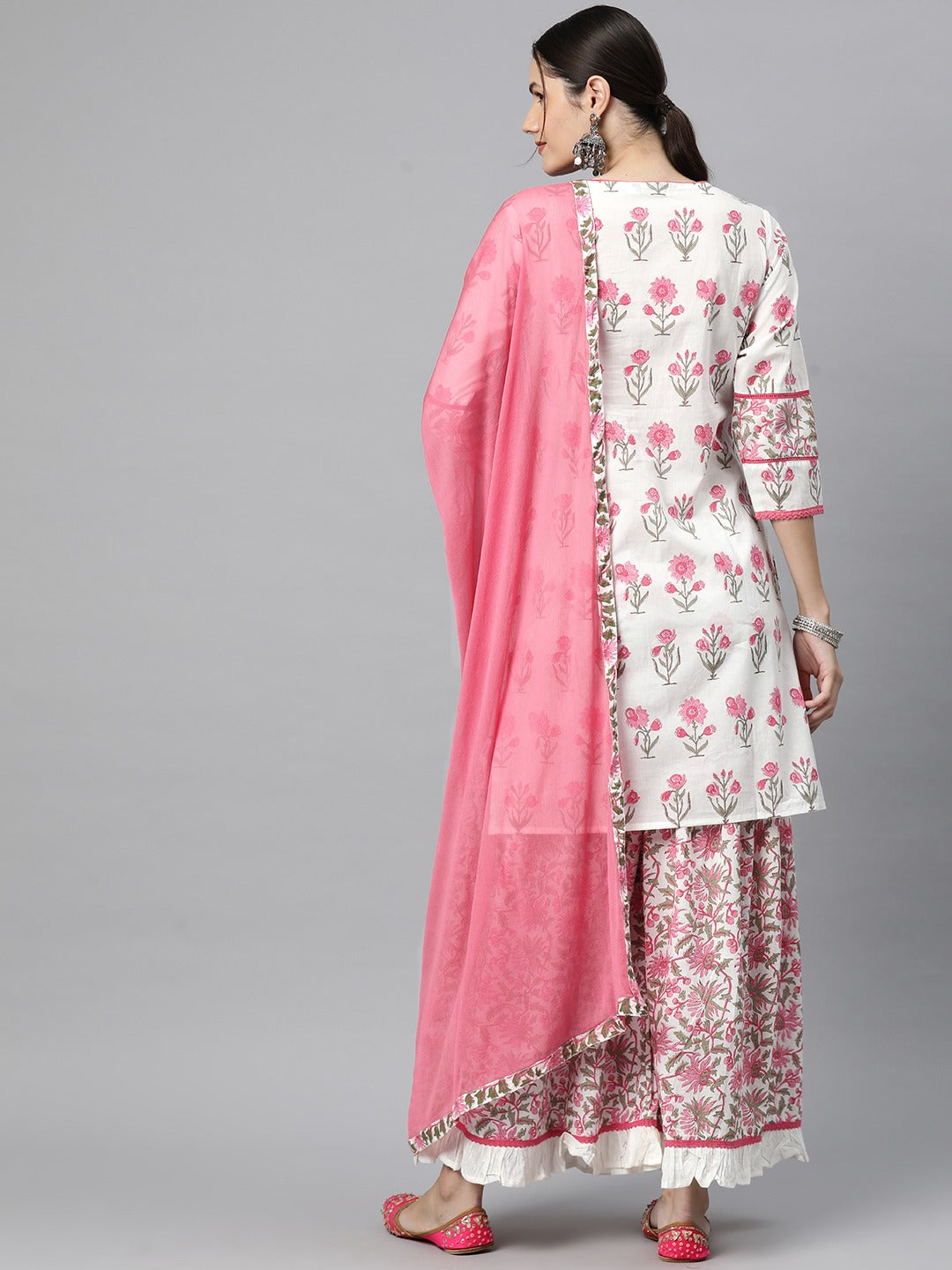 Straight Style Cotton Fabric Pink Colour Kurti With Bottom & Dupatta