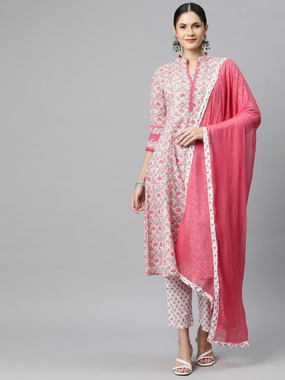 Anarkali Style Cotton Fabric Pink Colour Kurti With Bottom & Dupatta
