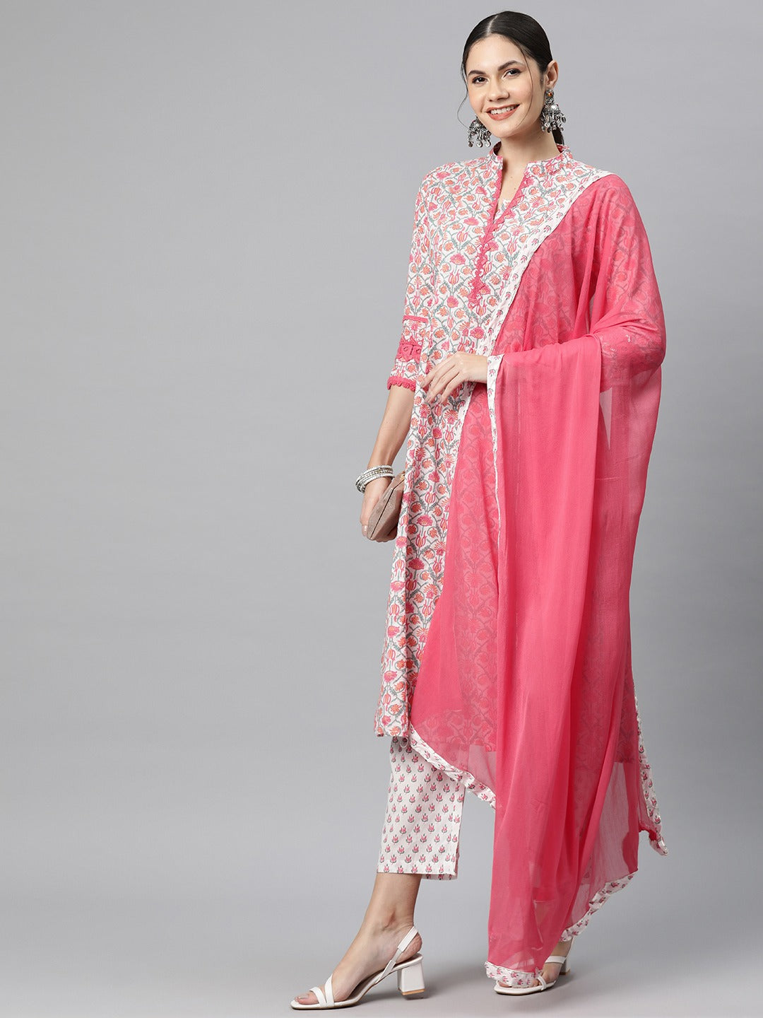 Anarkali Style Cotton Fabric Pink Colour Kurti With Bottom & Dupatta