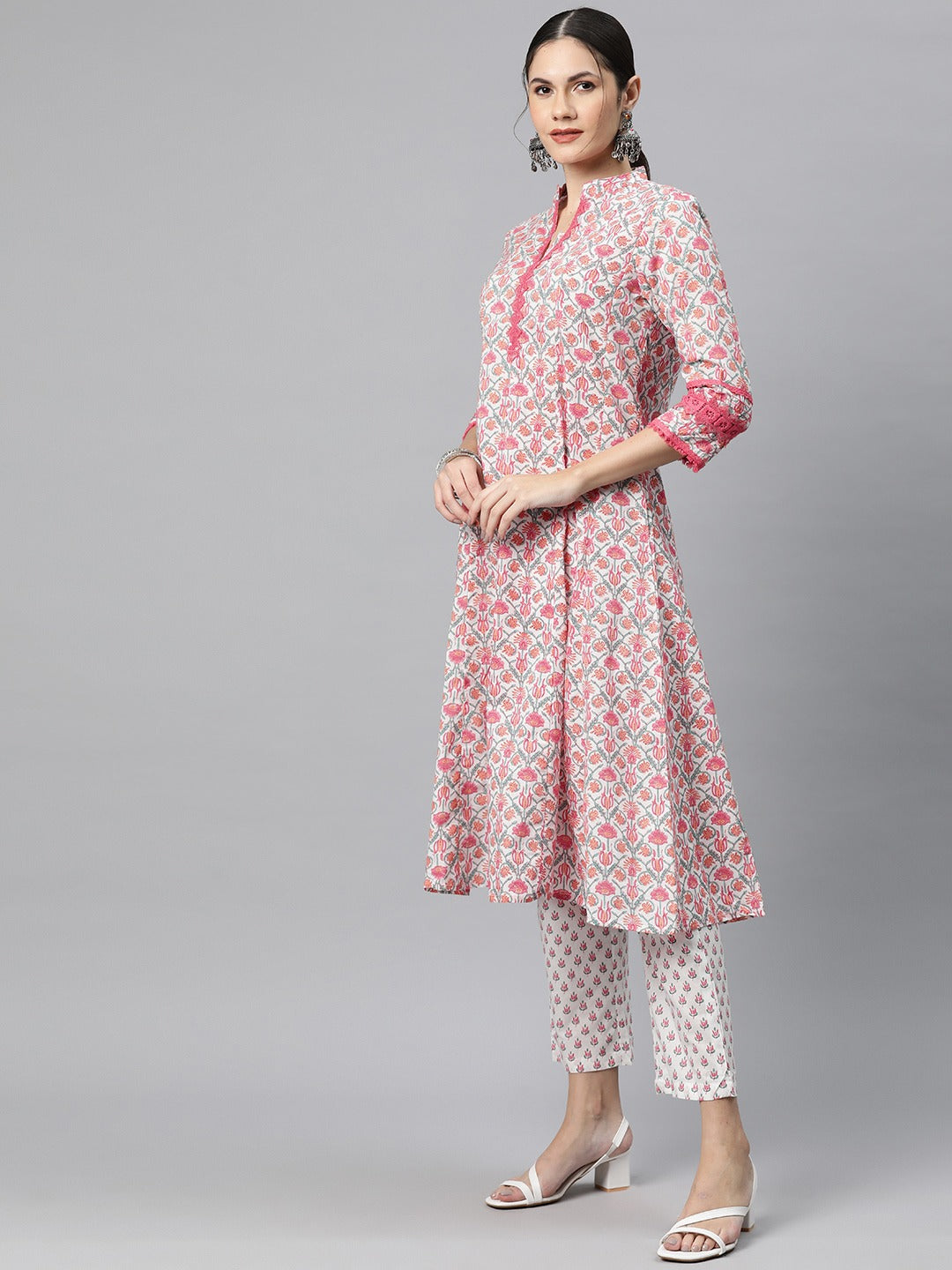 Anarkali Style Cotton Fabric Pink Colour Kurti With Bottom & Dupatta