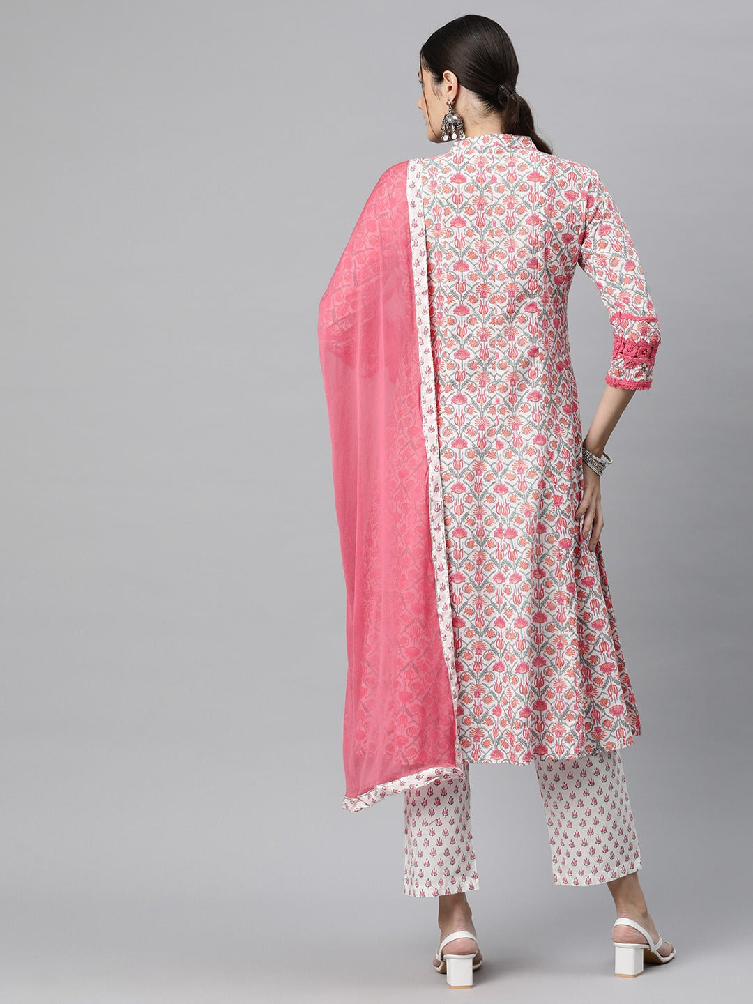 Anarkali Style Cotton Fabric Pink Colour Kurti With Bottom & Dupatta