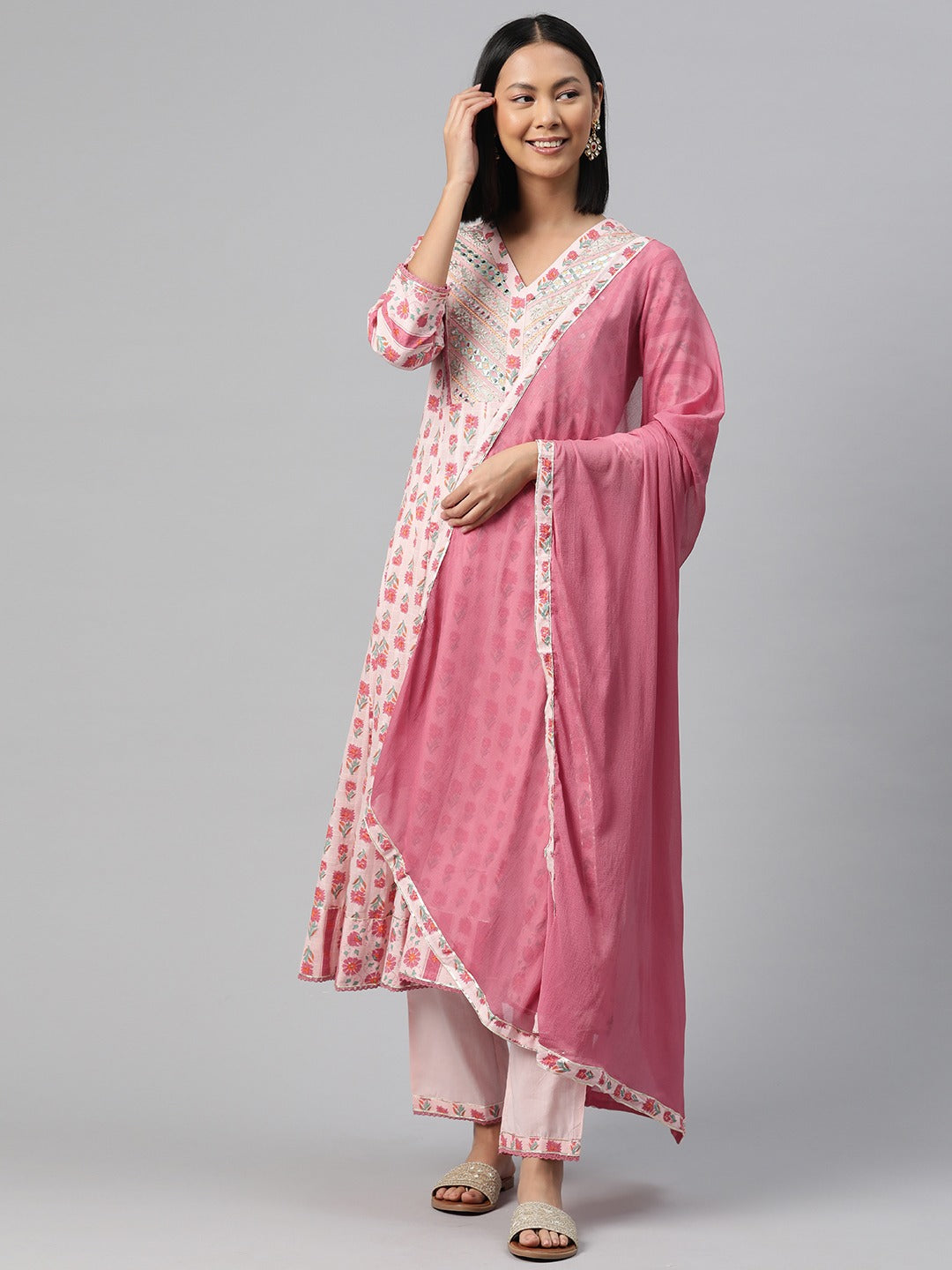 Anarkali Style Cotton Fabric Pink Colour Kurti With Bottom & Dupatta