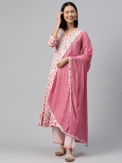 Anarkali Style Cotton Fabric Pink Colour Kurti With Bottom & Dupatta