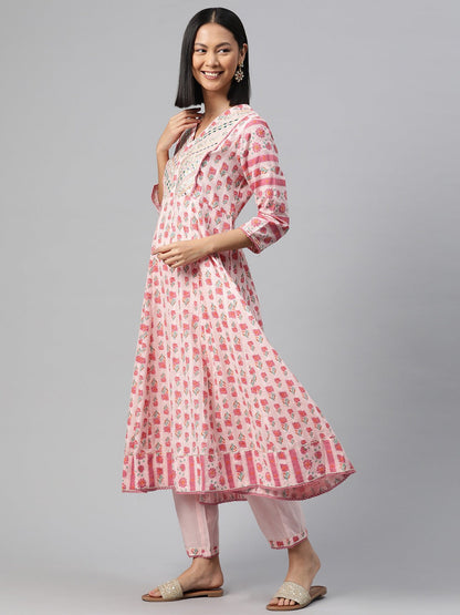 Anarkali Style Cotton Fabric Pink Colour Kurti With Bottom & Dupatta