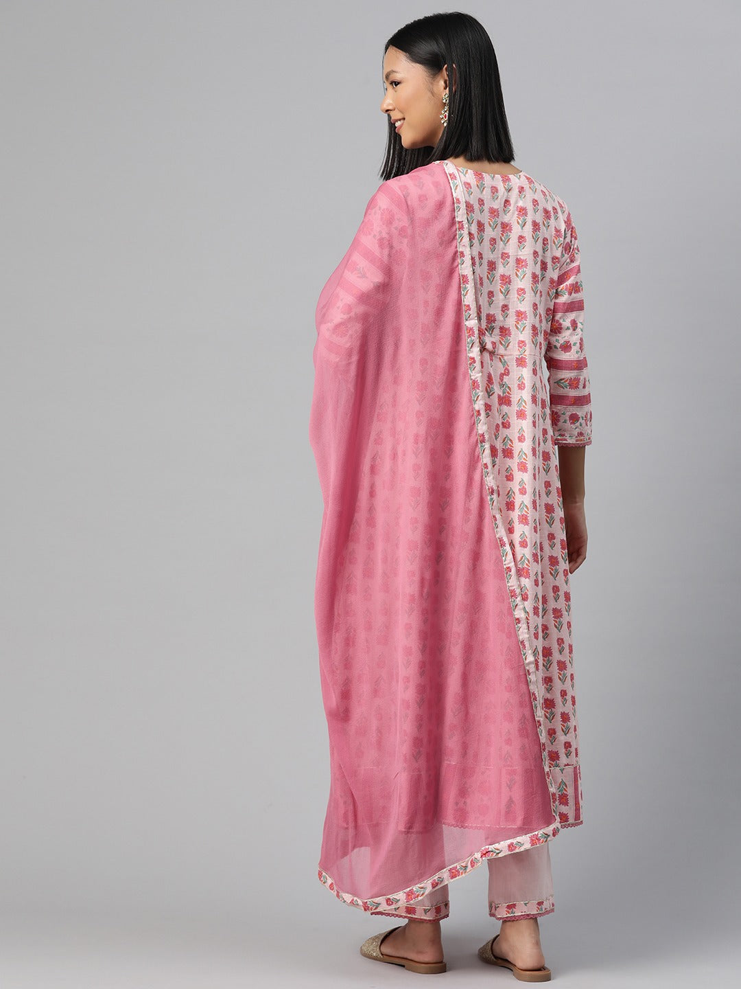 Anarkali Style Cotton Fabric Pink Colour Kurti With Bottom & Dupatta