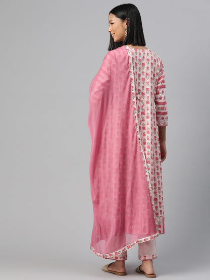 Anarkali Style Cotton Fabric Pink Colour Kurti With Bottom & Dupatta