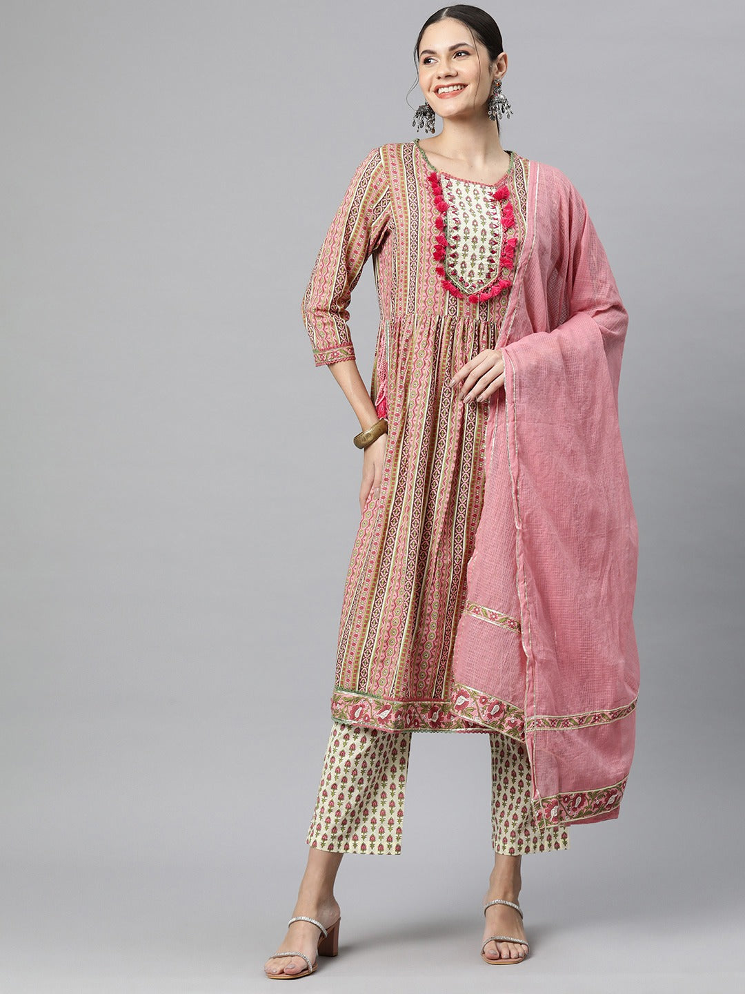 Flared Style Cotton Fabric Pink Colour Kurti With Bottom & Dupatta