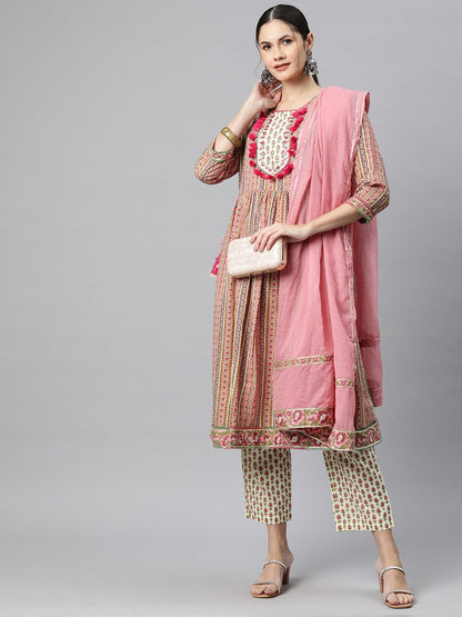 Flared Style Cotton Fabric Pink Colour Kurti With Bottom & Dupatta
