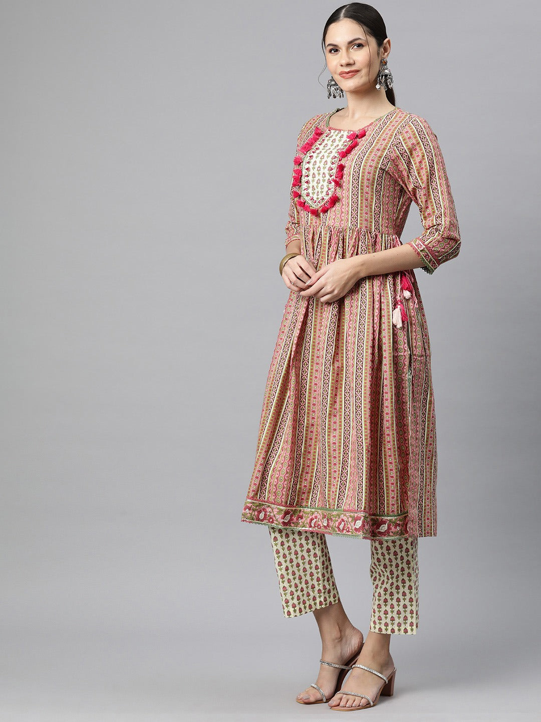 Flared Style Cotton Fabric Pink Colour Kurti With Bottom & Dupatta