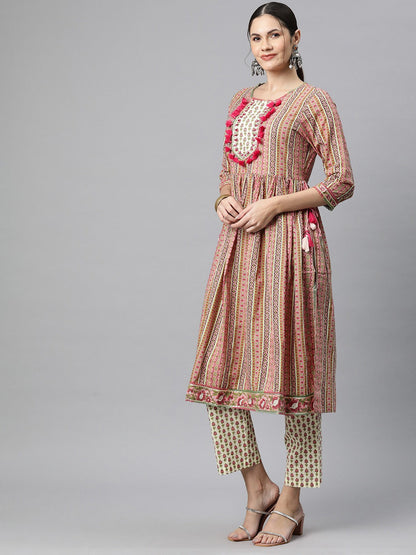Flared Style Cotton Fabric Pink Colour Kurti With Bottom & Dupatta