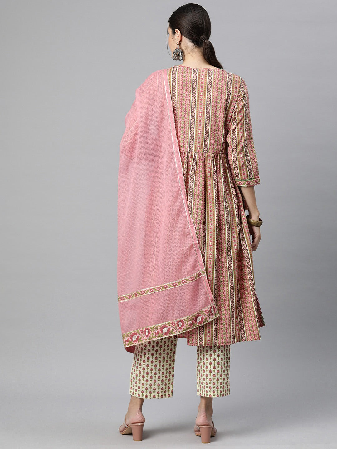 Flared Style Cotton Fabric Pink Colour Kurti With Bottom & Dupatta