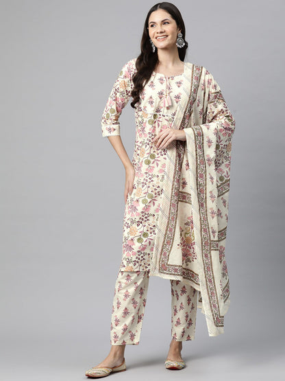 Straight Style Cotton Fabric Pink Color Kurta And Bottom With Dupatta