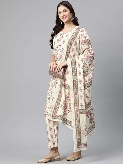 Straight Style Cotton Fabric Pink Color Kurta And Bottom With Dupatta