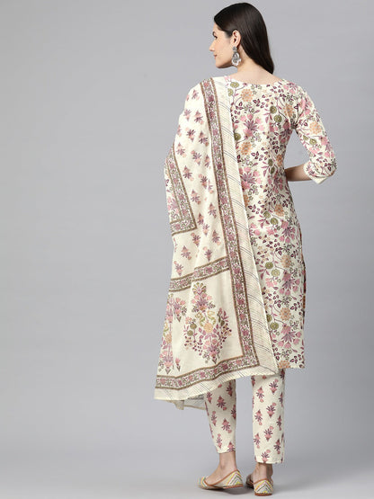 Straight Style Cotton Fabric Pink Color Kurta And Bottom With Dupatta