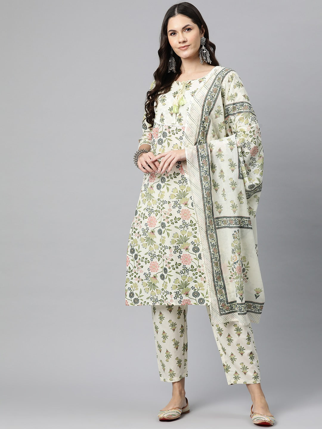 Straight Style Cotton Fabric Green Color Kurta And Bottom With Dupatta