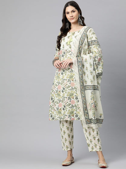 Straight Style Cotton Fabric Green Color Kurta And Bottom With Dupatta