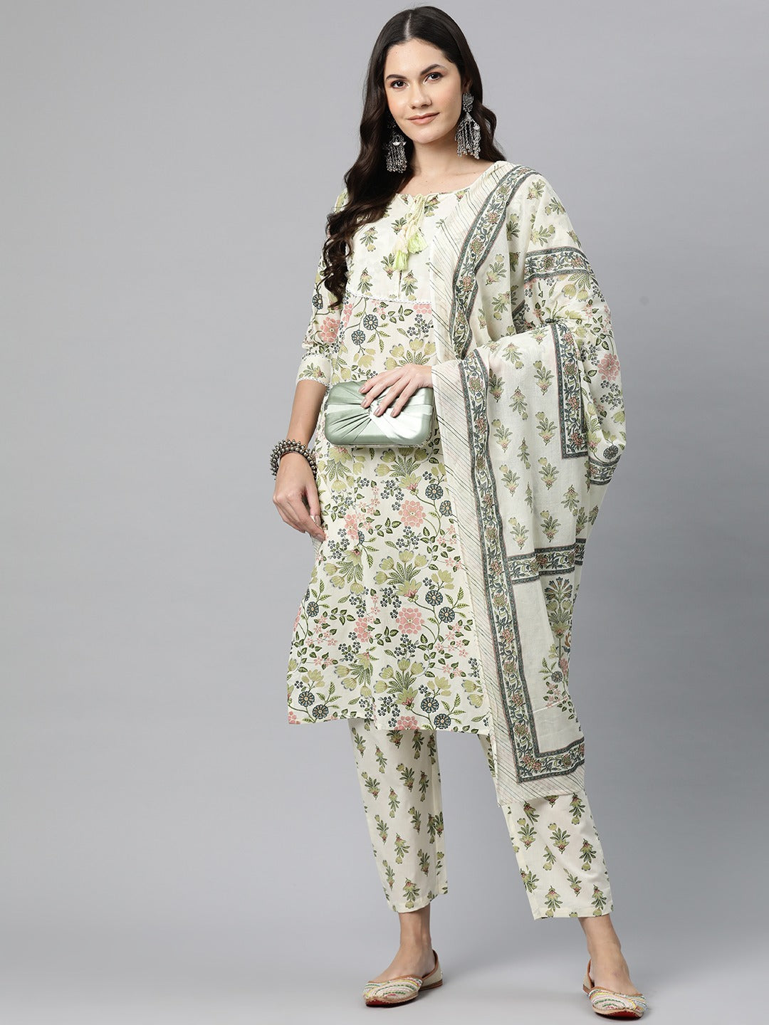 Straight Style Cotton Fabric Green Color Kurta And Bottom With Dupatta