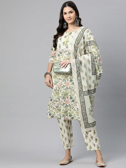 Straight Style Cotton Fabric Green Color Kurta And Bottom With Dupatta
