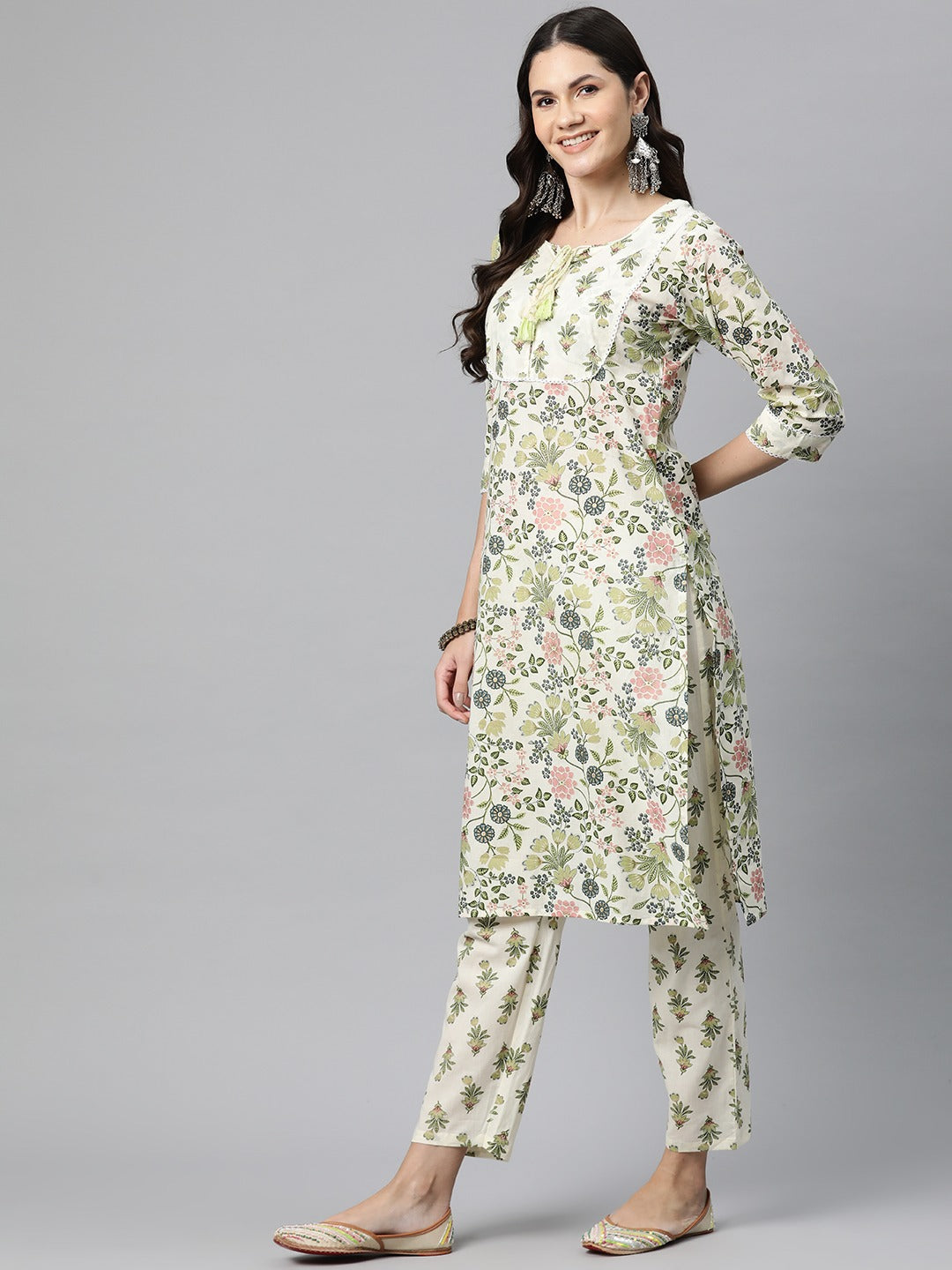 Straight Style Cotton Fabric Green Color Kurta And Bottom With Dupatta