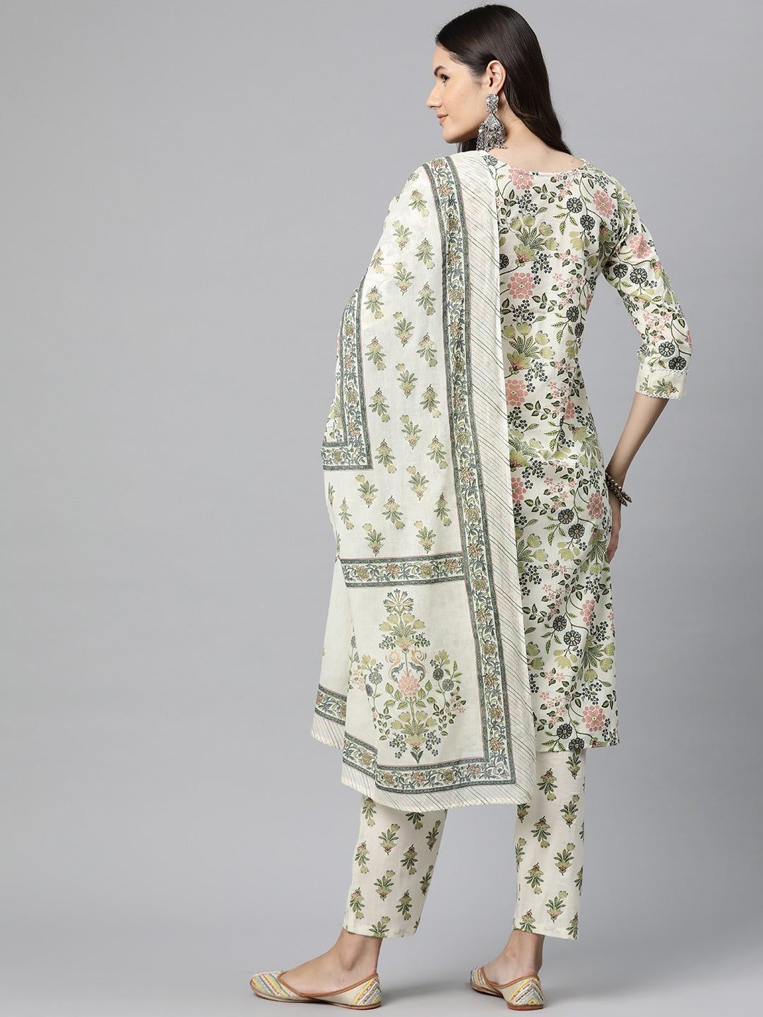 Straight Style Cotton Fabric Green Color Kurta And Bottom With Dupatta