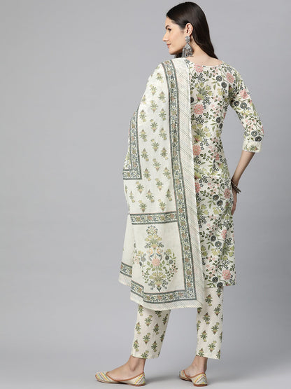 Straight Style Cotton Fabric Green Color Kurta And Bottom With Dupatta