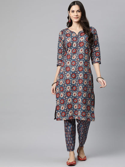 Straight Style Cotton Fabric Blue Color Kurta And Bottom