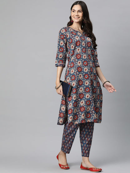 Straight Style Cotton Fabric Blue Color Kurta And Bottom