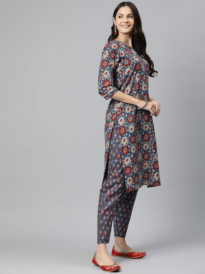Straight Style Cotton Fabric Blue Color Kurta And Bottom
