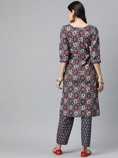 Straight Style Cotton Fabric Blue Color Kurta And Bottom