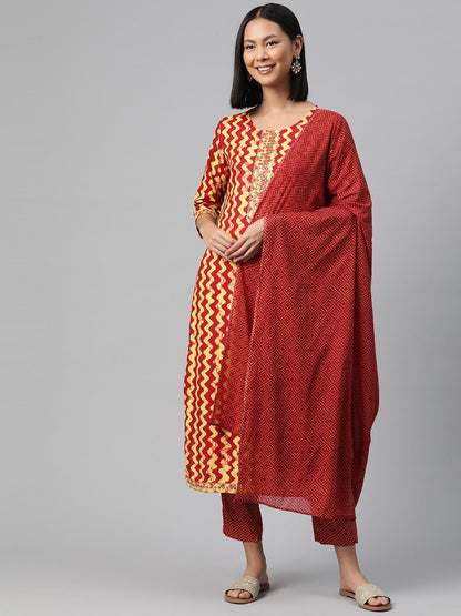 Straight Style Rayon Fabric Red Color Kurta And Bottom With Dupatta