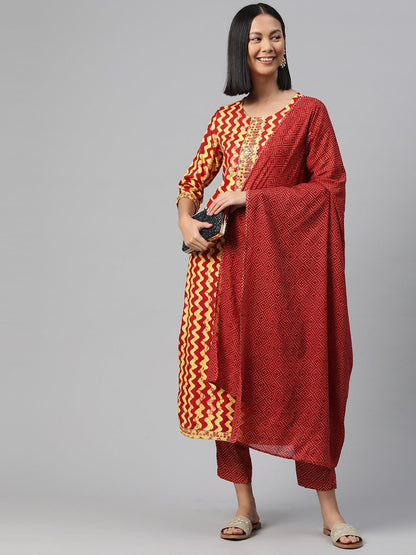 Straight Style Rayon Fabric Red Color Kurta And Bottom With Dupatta
