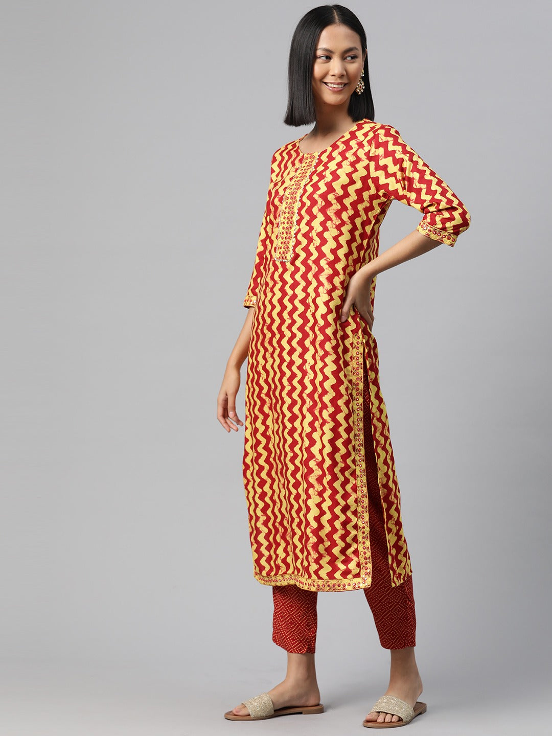 Straight Style Rayon Fabric Red Color Kurta And Bottom With Dupatta