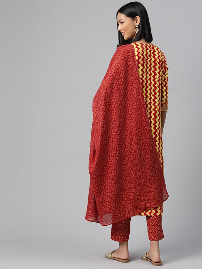Straight Style Rayon Fabric Red Color Kurta And Bottom With Dupatta