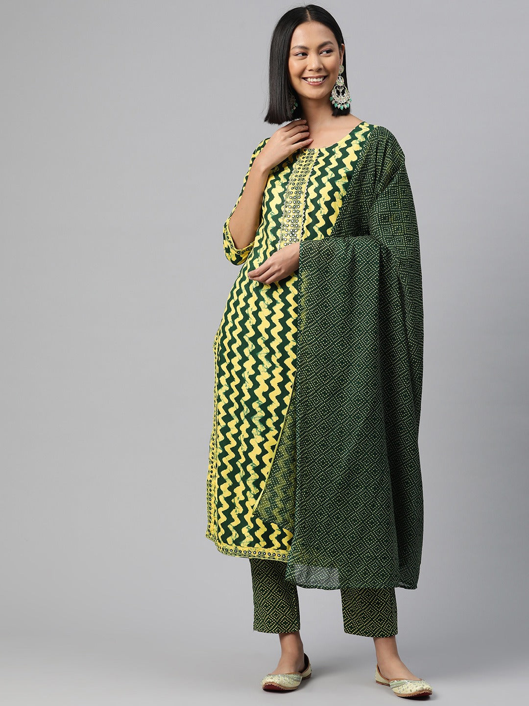 Straight Style Rayon Fabric Green Color Kurta And Bottom With Dupatta