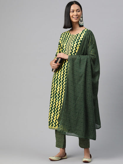 Straight Style Rayon Fabric Green Color Kurta And Bottom With Dupatta